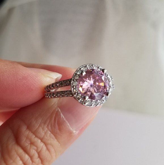 Swarovski Elements 925 Sterling Silver Round Pink Solitaire Halo Ring NEW - Picture 5 of 17